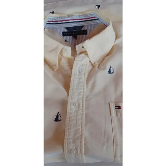 Tommy Hilfiger Men's XXL Yellow Short Sleeve Button Down Shirt Sailboat Nautical - Picture 7 of 7
